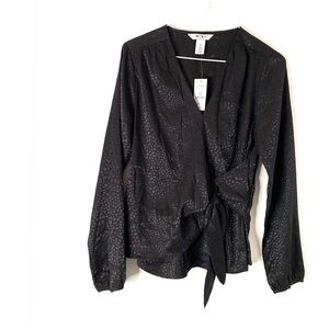 White House Black Market Black Animal Spot Jacquard Blouse NWT Tie Front